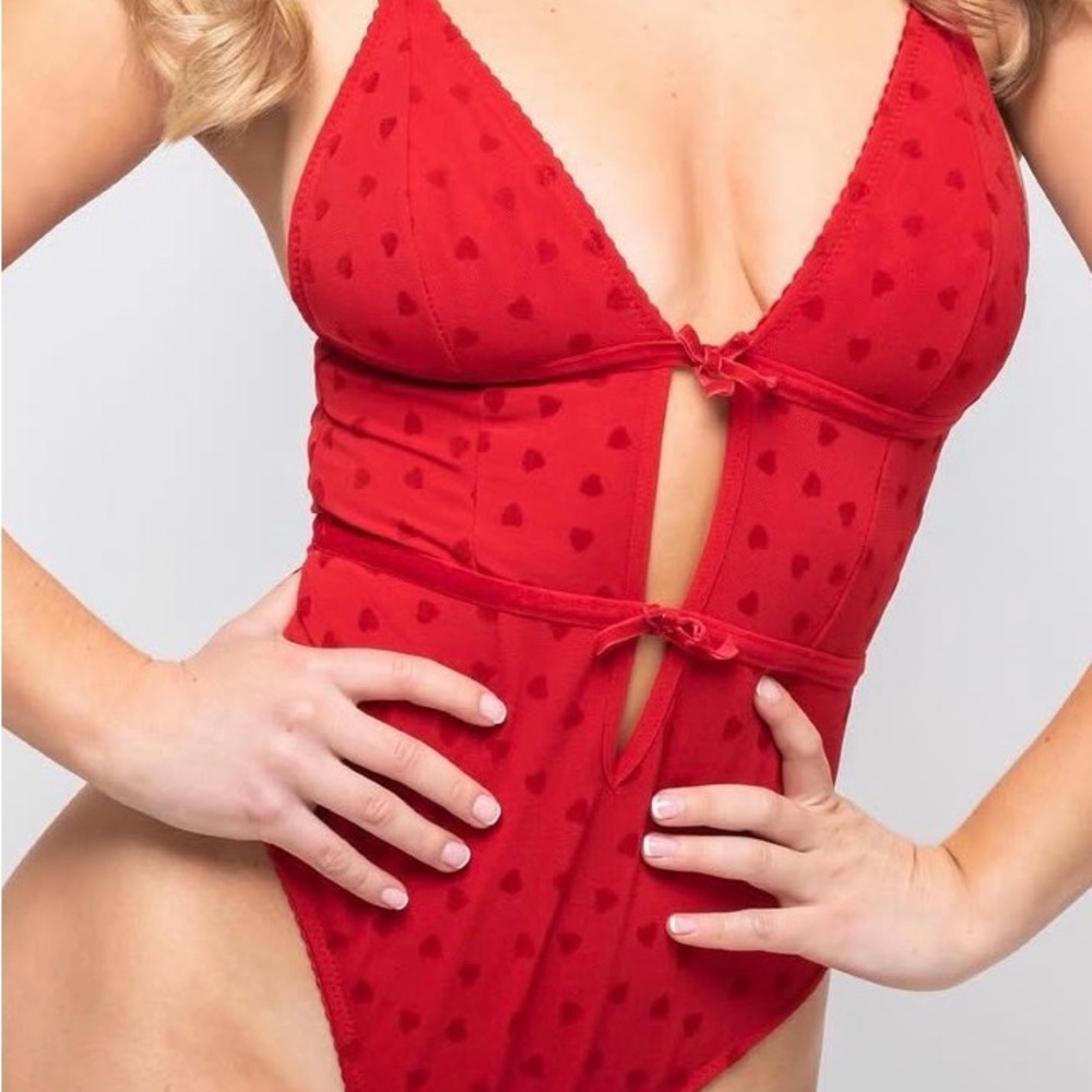 Red Heart Mesh Cutout Teddy Bodysuit | Valentine Lingerie One Piece